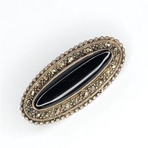 Vintage Oval Art Deco Sterling Silver Onyx Marcasite Brooch 1 3/4" X 3/4"